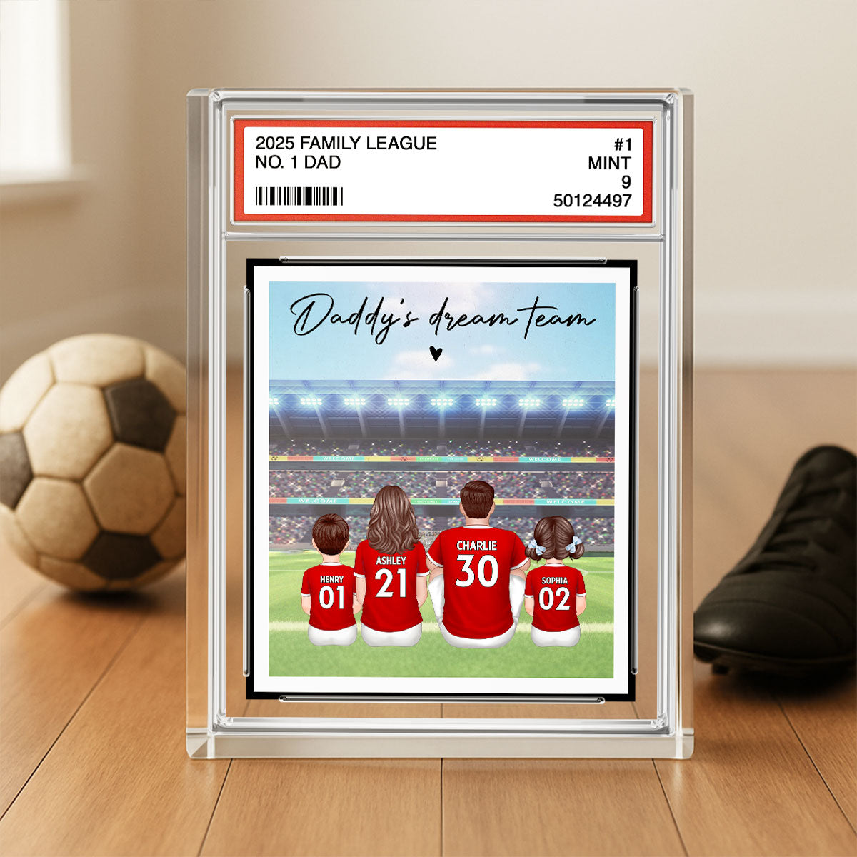 UK AU Football Daddy's Dream Team No. 1 Dad Man & Kids Sitting Trading Card Style - Personalized Acrylic Block Plaque