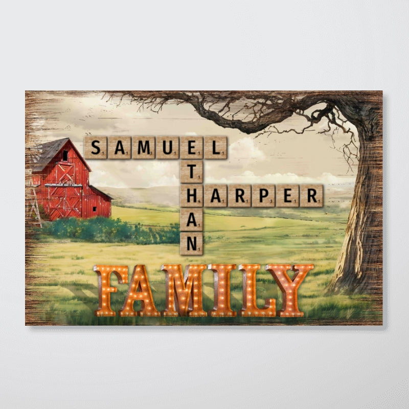 Family Farmhouse Tree Crossword Puzzle Art Personalized Poster, Gift For Mom, Dad, Husband, Wife