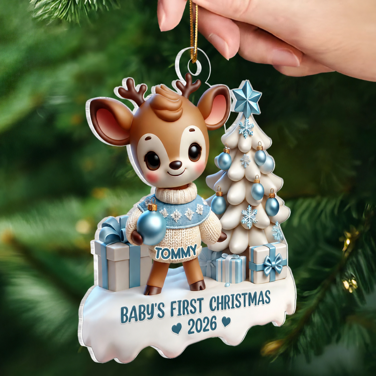 3D Effect Cute Reindeer Baby's First Christmas Personalized Acrylic Ornament, Christmas Gift For Newborns, New Parents