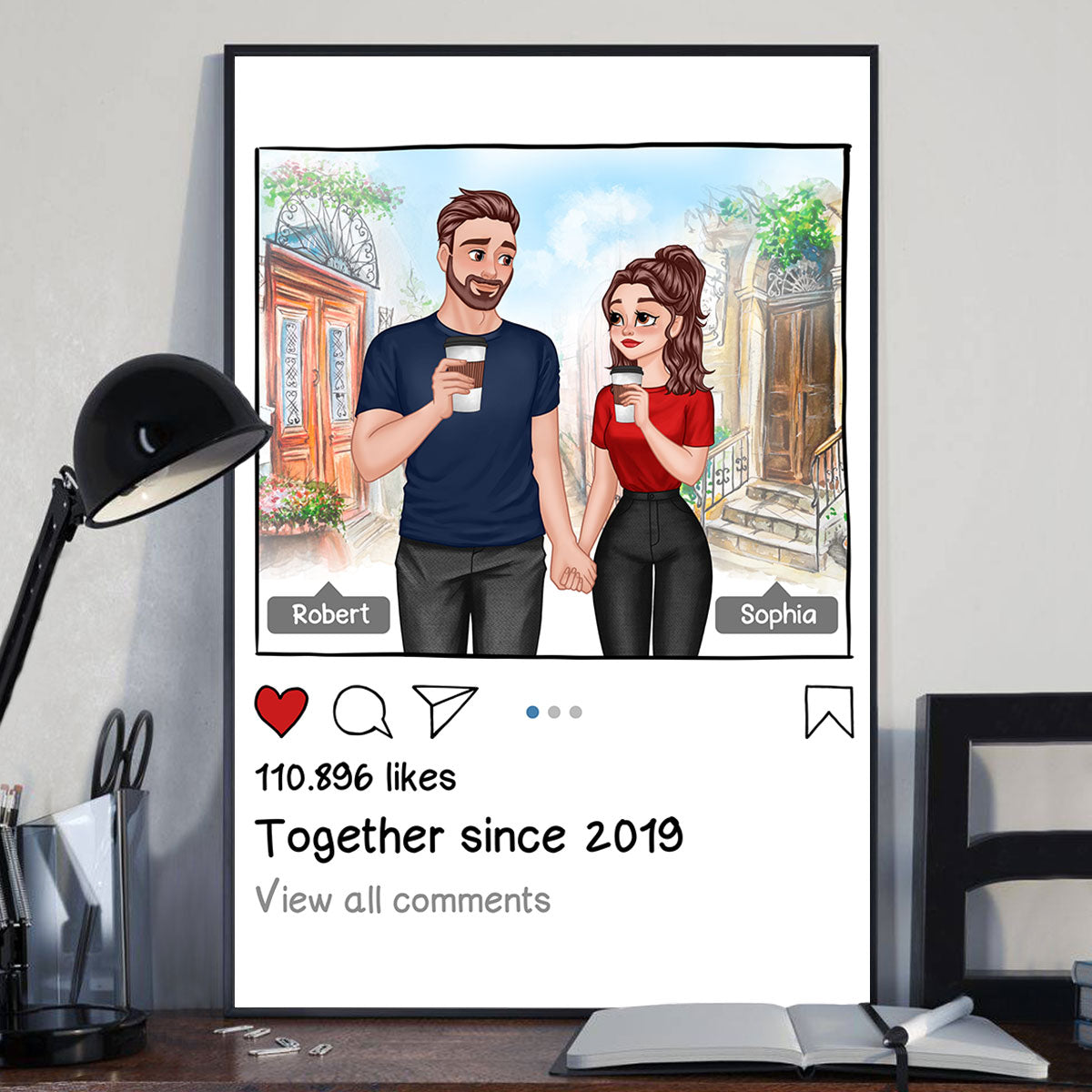 SNS Post Cartoon Couple Hand In Hand Personalized Vertical Poster