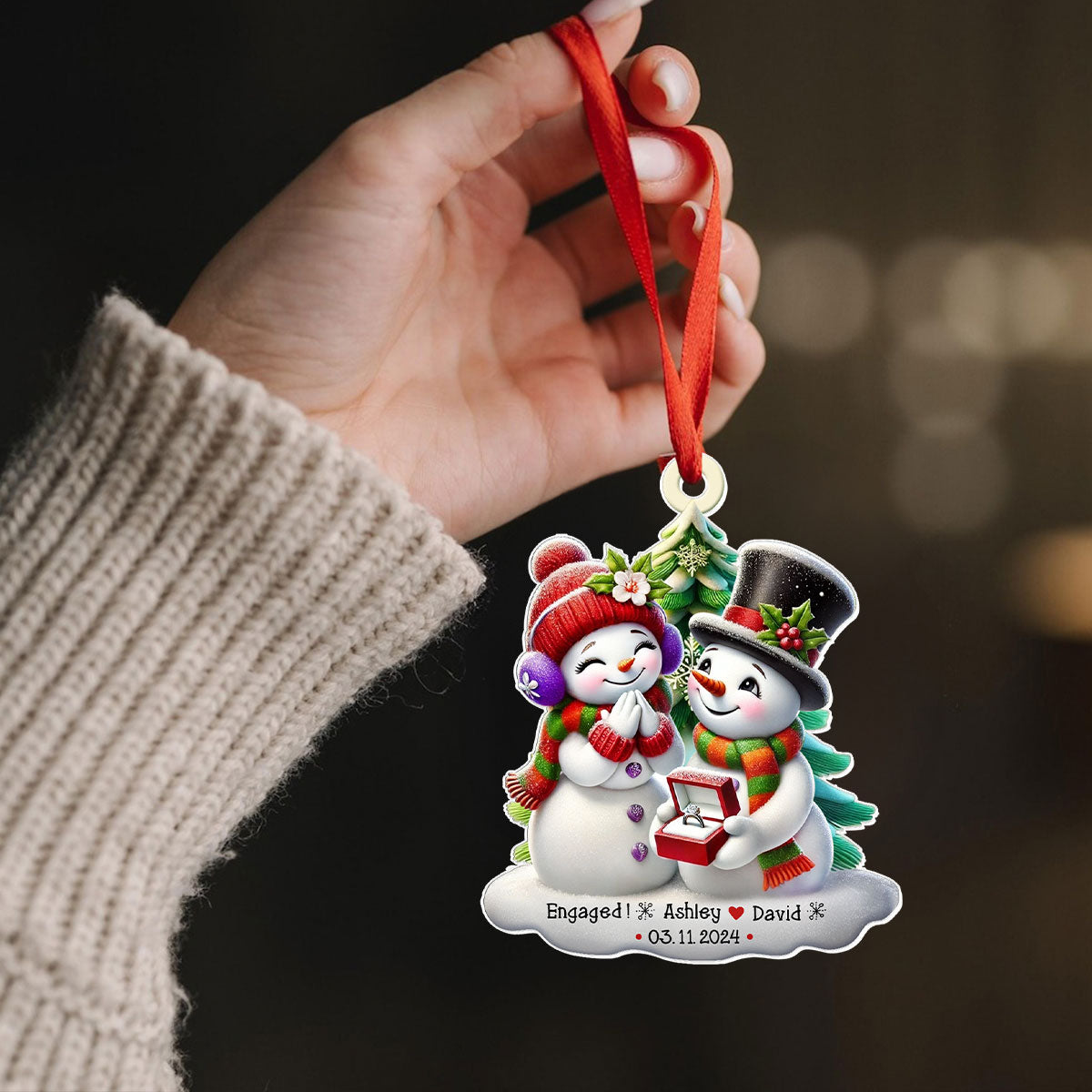 Engagement Snowman Couple Personalized Acrylic Ornament, Christmas Gift For Him, For Her, For The Couple
