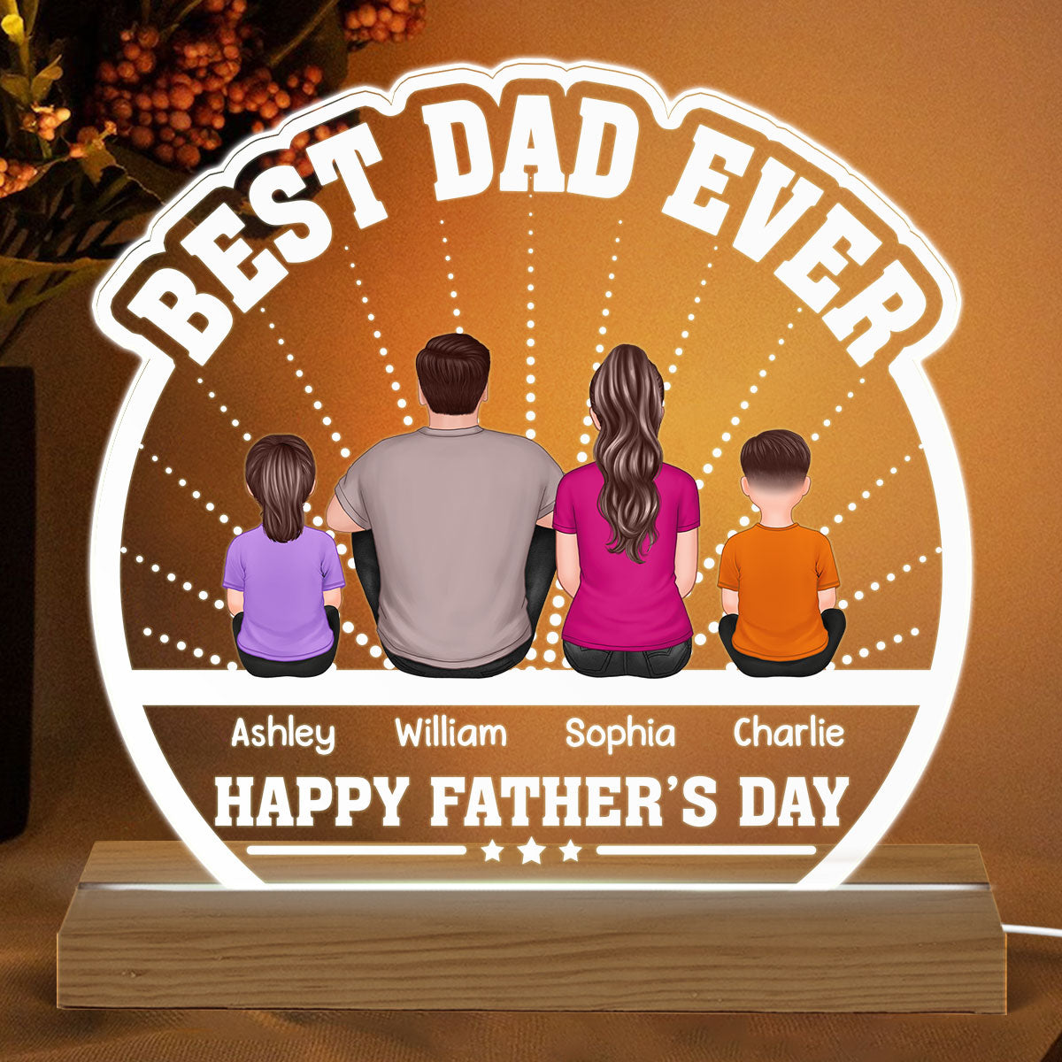 Best Dad Ever Back View Man Kids Dog Cat Personalized Custom Shaped Acrylic Plaque With LED Night Light