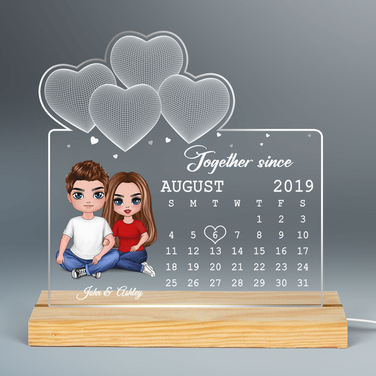 Doll Couple Embracing Sitting Under 3D Heart Anniversary Date Calendar Personalized Custom Shape Acrylic Plaque With LED Night Light - Anniversary Gift For Couple - Gift For Him Gift For Her