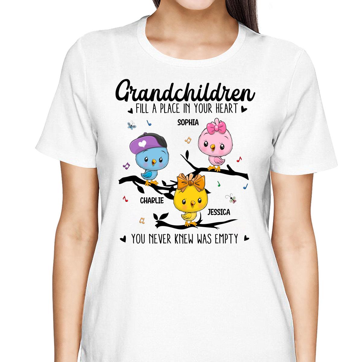 Cute Birds On Branch Grandkids Grandma Personalized Shirt
