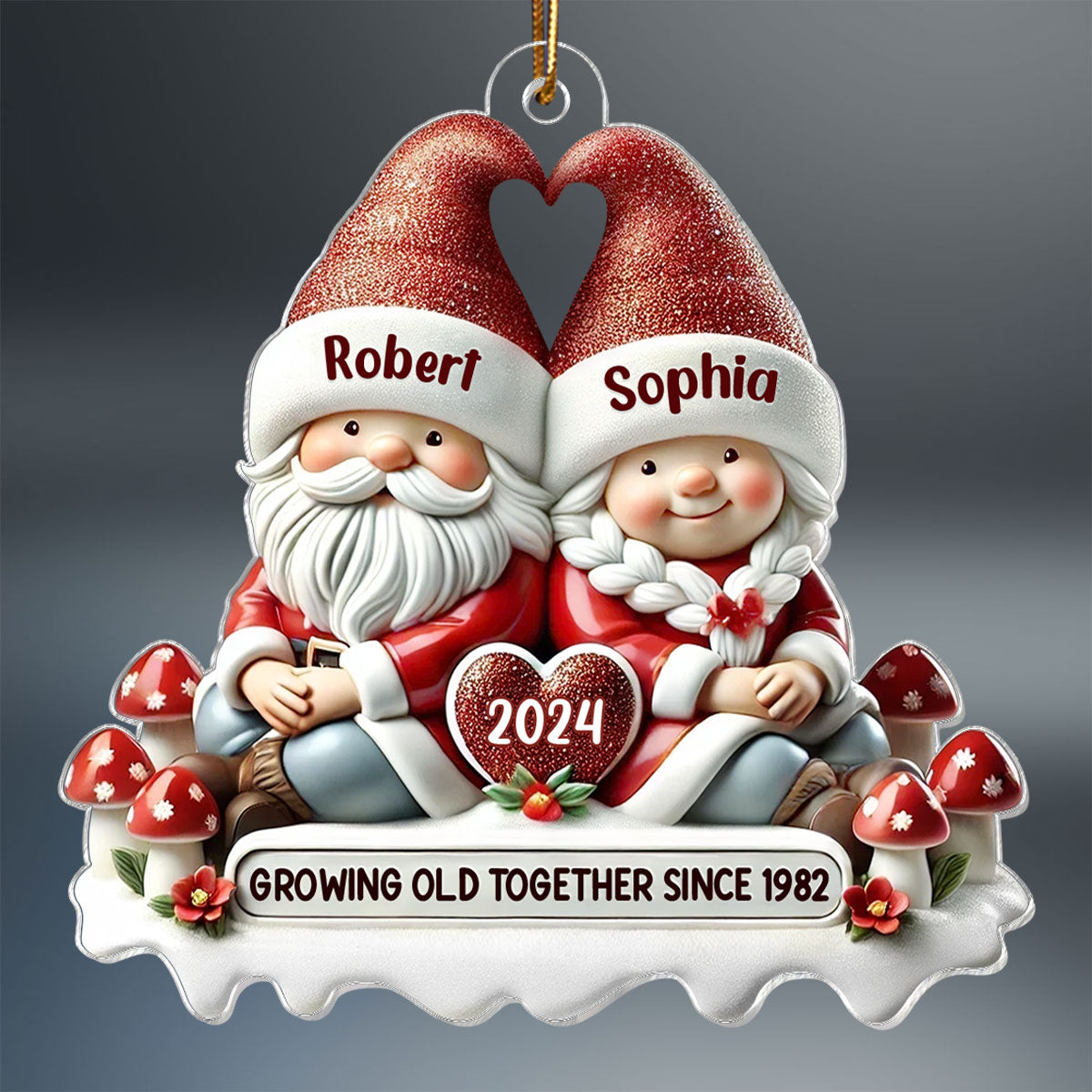 3D Effect Gnome Couple - Personalized Acrylic Ornament - Gift for Him, Gift for Her