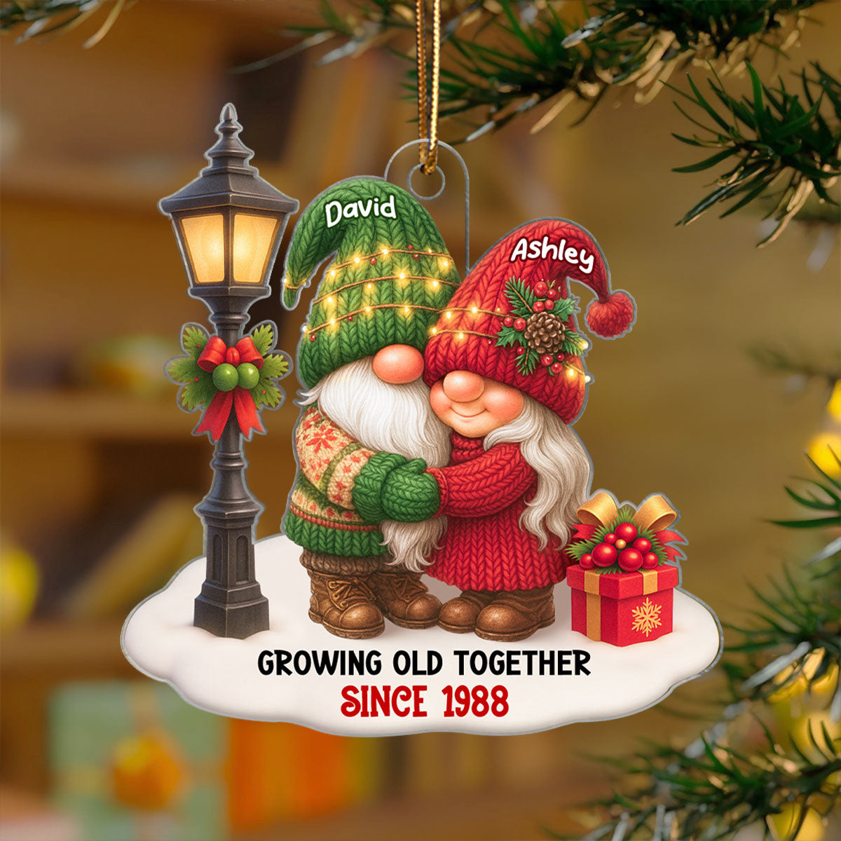 Gnome Christmas Couple Growing Old Together Personalized Acrylic Ornament, Gift for him, for her