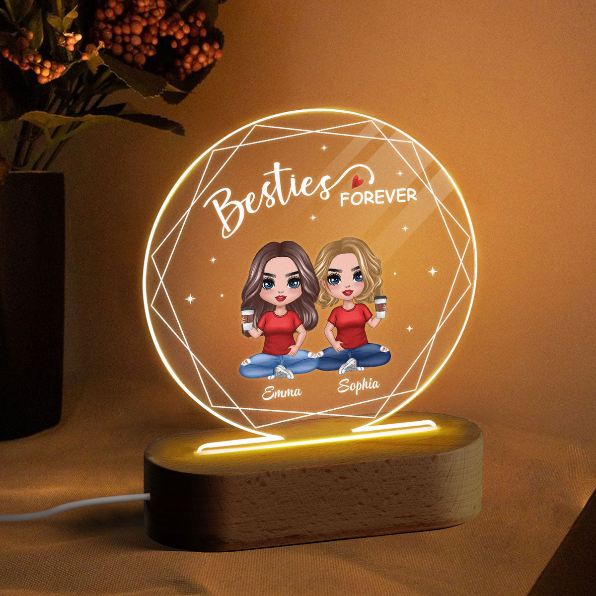 Hexagon Frame Doll Besties Sitting Personalized Circle Acrylic Plaque LED Lamp Night Light