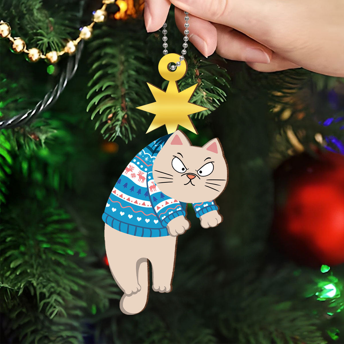 Christmas Cats & Star Personalized Wooden Ornament