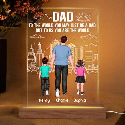 Back View Dad & Kids Walking Street Line Background Personalized Rectangle Acrylic Plaque With LED Night Light