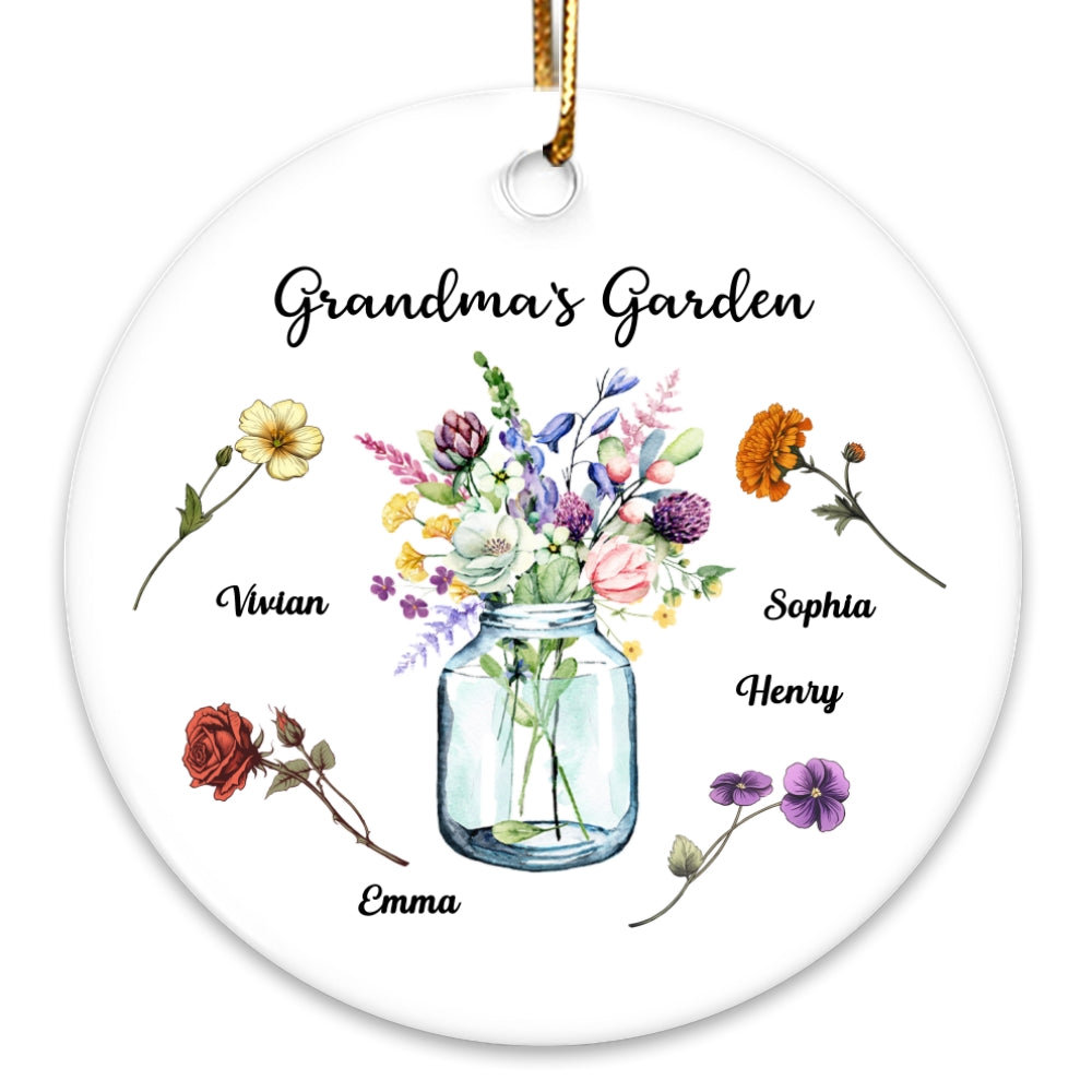 Grandma Garden Birth Month Flowers Vase Personalized Circle Ceramic Ornament, Christmas Gift for Grandma
