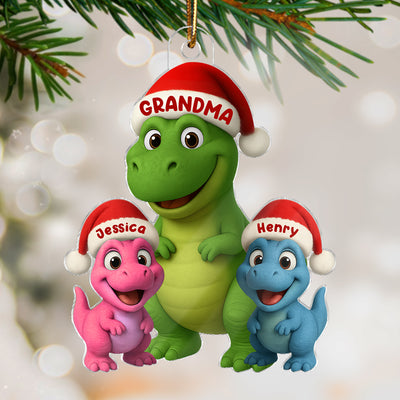 3D Effect Cute Christmas Dinosaur Grandmasaurus And Grandkids - Personalized Acrylic Ornament - Gift For Grandkids, Grandmas