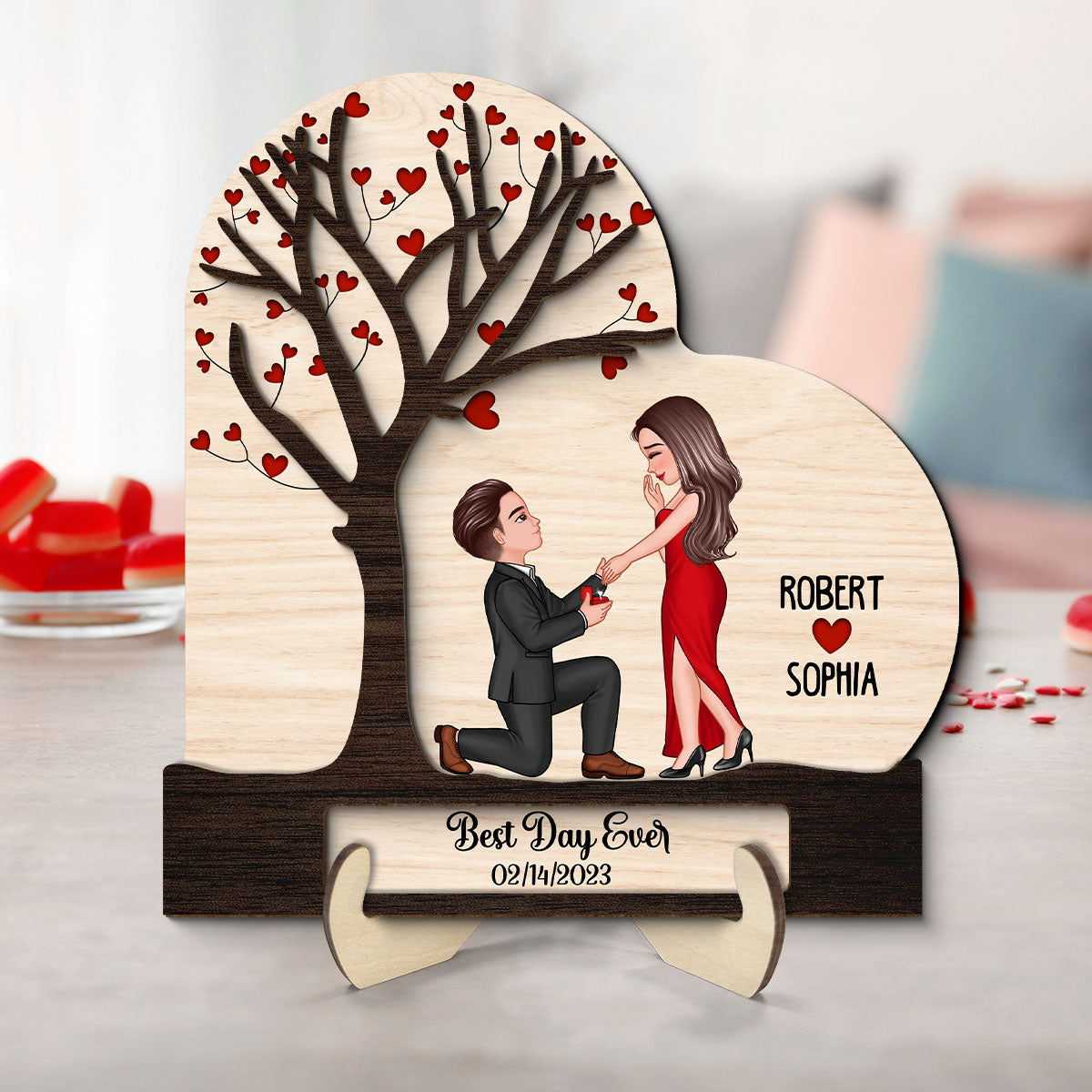 Proposal Couple Under Heart Tree Personalized 2-layer Wooden Plaque