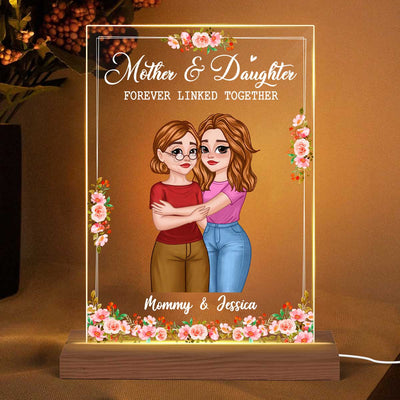 Mother Daughter Forever Linked Together Hugging Cartoon Floral Personalized Rectangle Acrylic Plaque With LED Night Light