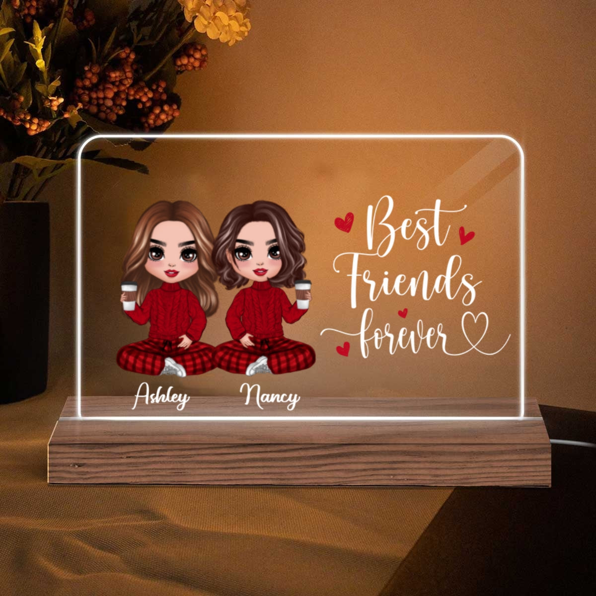 Doll Besties Sisters Sitting Gift For Best Friends Sisters Personalized Custom Shape Horizontal Rectangle Acrylic Plaque LED Night Light