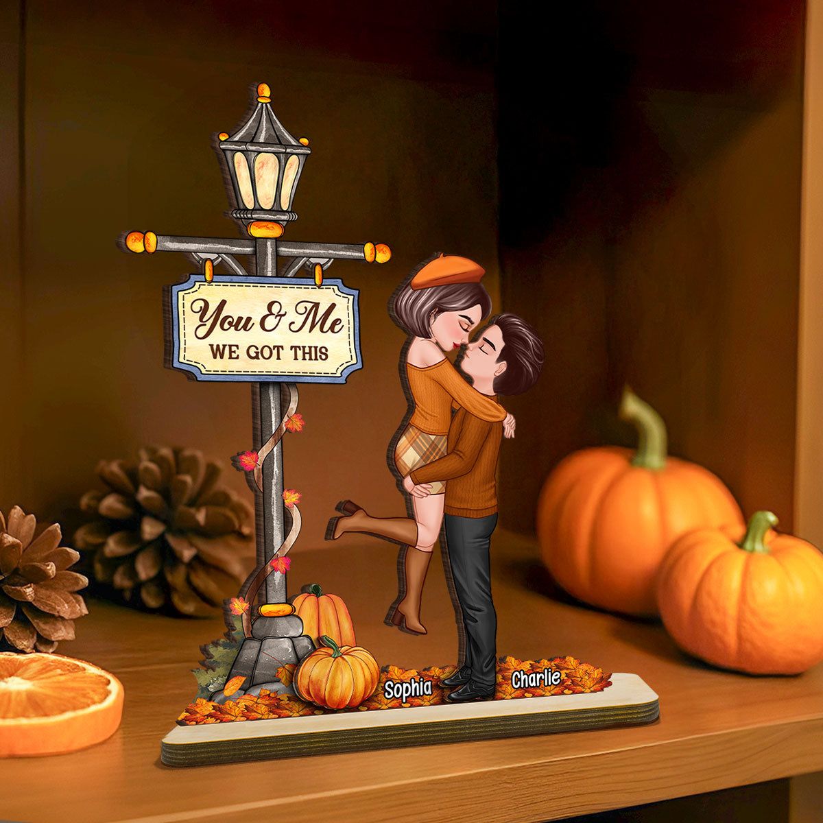 Under Lamp Post Fall Season Couple Kissing Personalized Standing Wooden Plaque