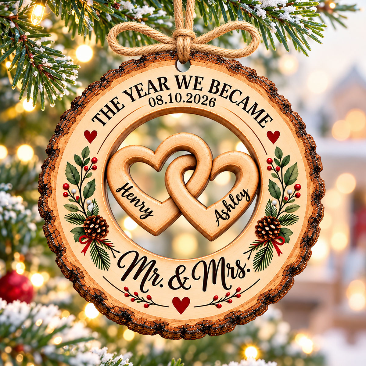 The Year We Became Mr. & Mrs. Custom Names - Personalized Wooden Ornament - Wedding Keepsake, Christmas Gift For Couples, Newlyweds