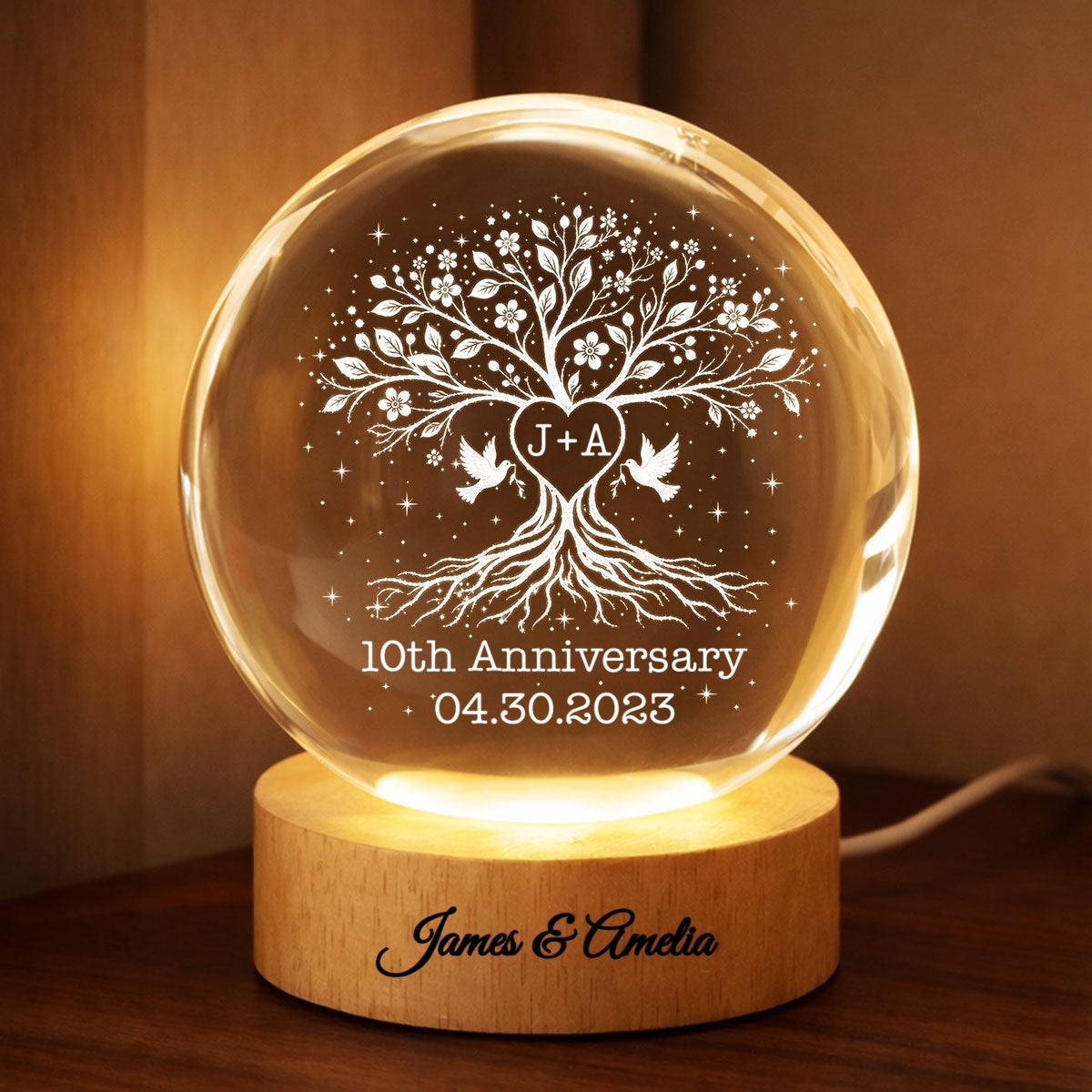 Wedding Anniversary Tree of Life - Personalized Crystal Ball LED Night Light - Heartfelt Gift for Her, Gift for Him