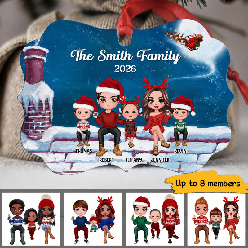 Doll Family Sitting On Rooftop Personalized Christmas Ornament