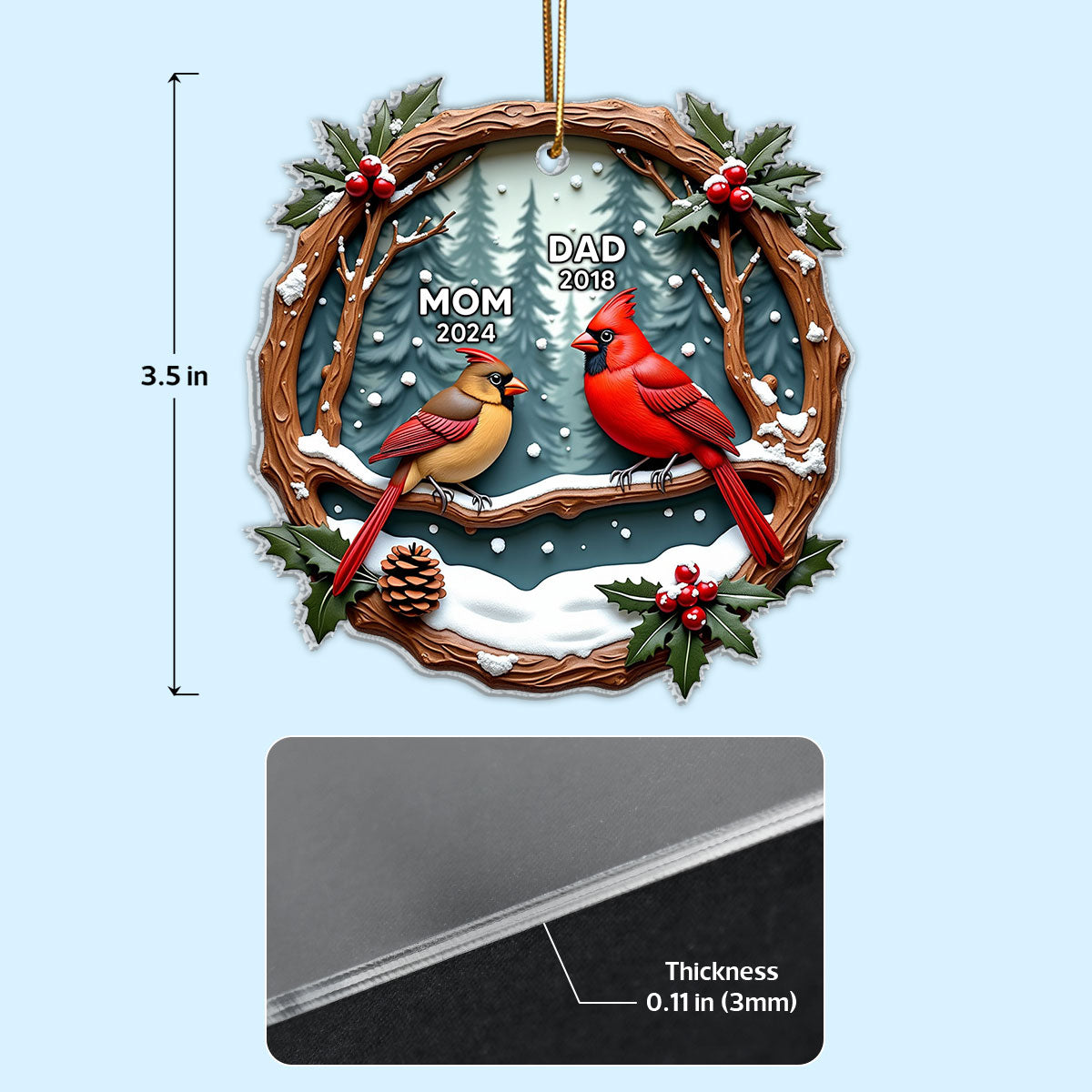 3D Effect Cardinals Dad Mom Memorial Berry Branch Christmas Personalized Acrylic Ornament, Sympathy Gift, Remembrance Gift