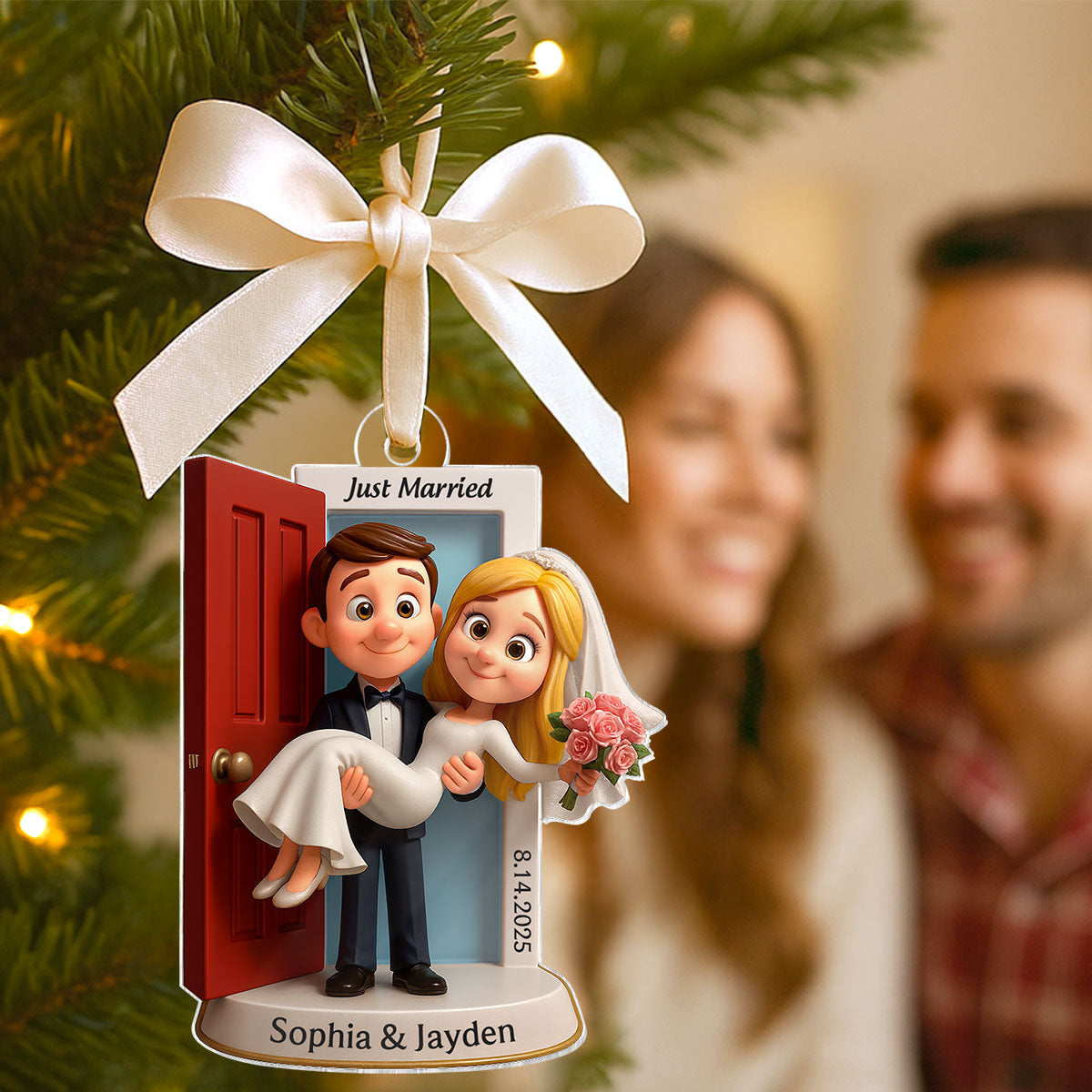 Personalized Our First Christmas Married Ornament | Customized Wedding Couple Threshold, Groom Carrying Bride | Just Married Newlyweds Marriage Keepsake