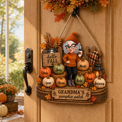 Hello Fall Grandma's Pumpkin Patch - Personalized Wooden Door Sign - Cozy Fall Decor for Grandma