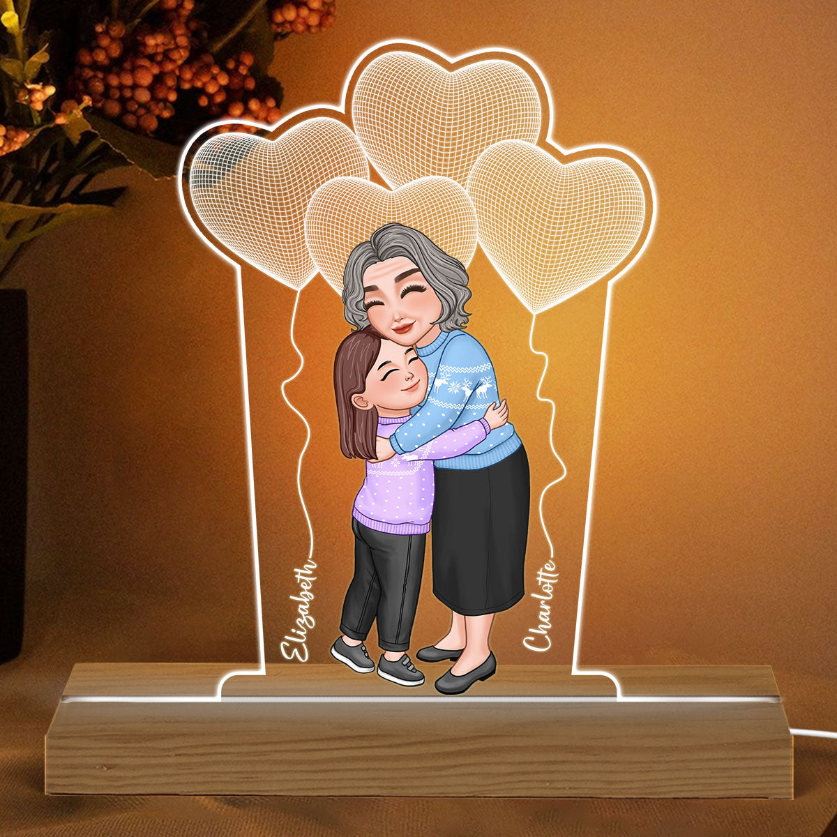 Grandma Grandkid Hugging Under 3D Balloons Personalized Custom Shaped Acrylic Plaque With LED Night Light