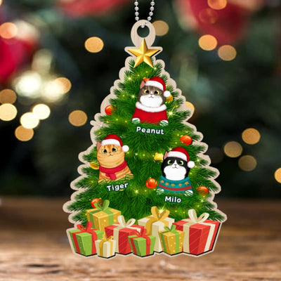 Fluffy Cat In Christmas Tree Personalized Wooden Ornament