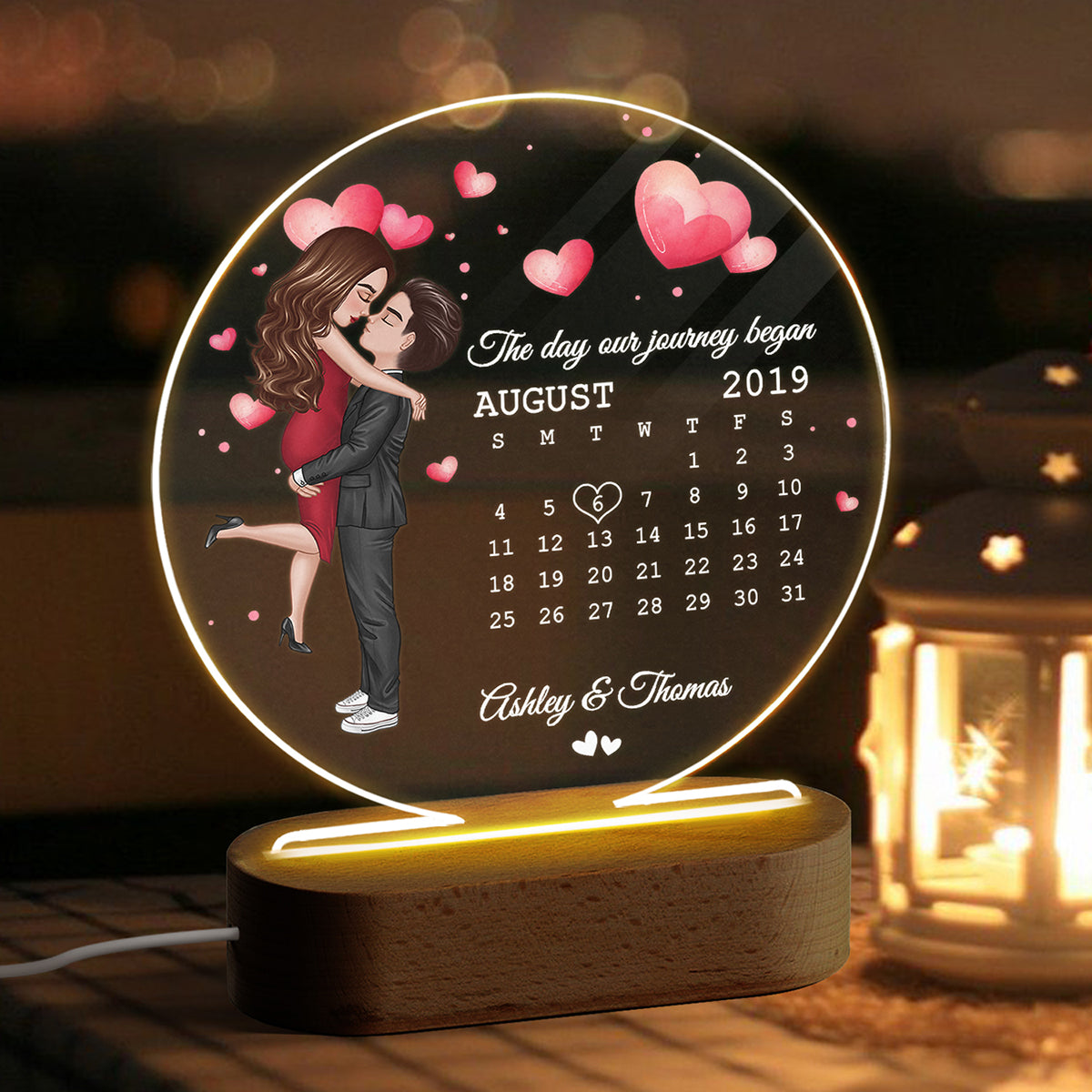 Doll Couple Hugging Kissing Together Since Anniversary Date Calendar Personalized Acrylic Circle Plaque With LED Night Light - Anniversary Gift For Couple - Gift For Him, Gift For Her