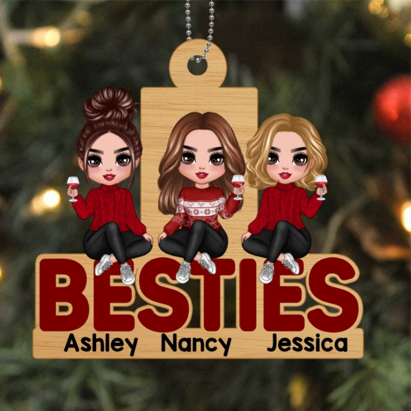 Doll Besties Sitting On Word Personalized Wooden Ornament