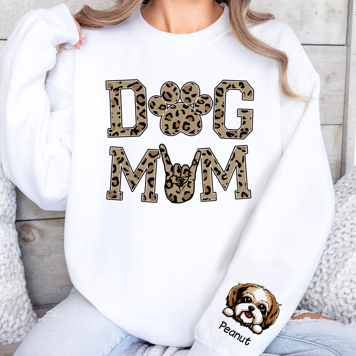 Dog Mom Leopard Peeking Dog, Gift For Dog Mom, Fur Mama, Personalized Sleeve Printed Sweatshirt