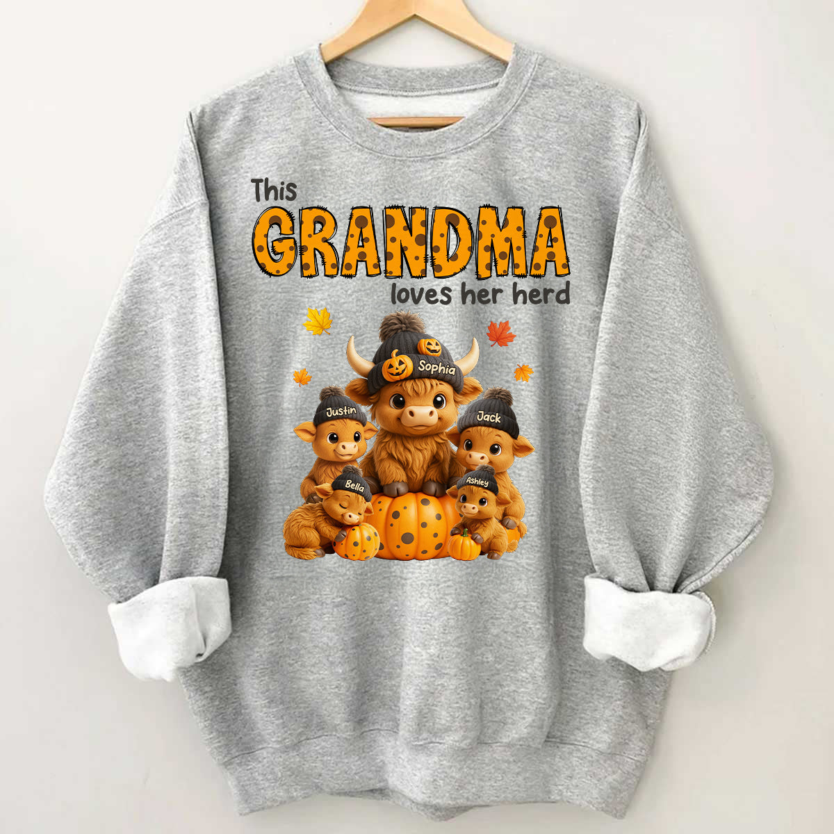 This Mama Loves Her Herd Cute Highland Cow Pumpkin Personalized Sweatshirt, Fall Sweatshirt for Mom Grandma