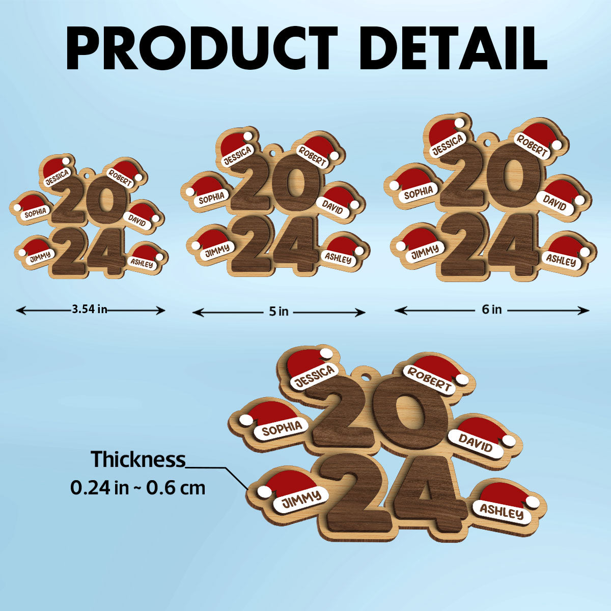 Family Stacked 2024 Santa Hats Personalized 2-Layer Wooden Ornament, Christmas Gift