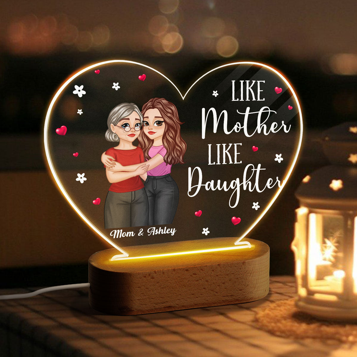 Hugging Cartoon Mother Daughter Bond Can‘t Be Broken Personalized Acrylic Heart Plaque With LED Night Light
