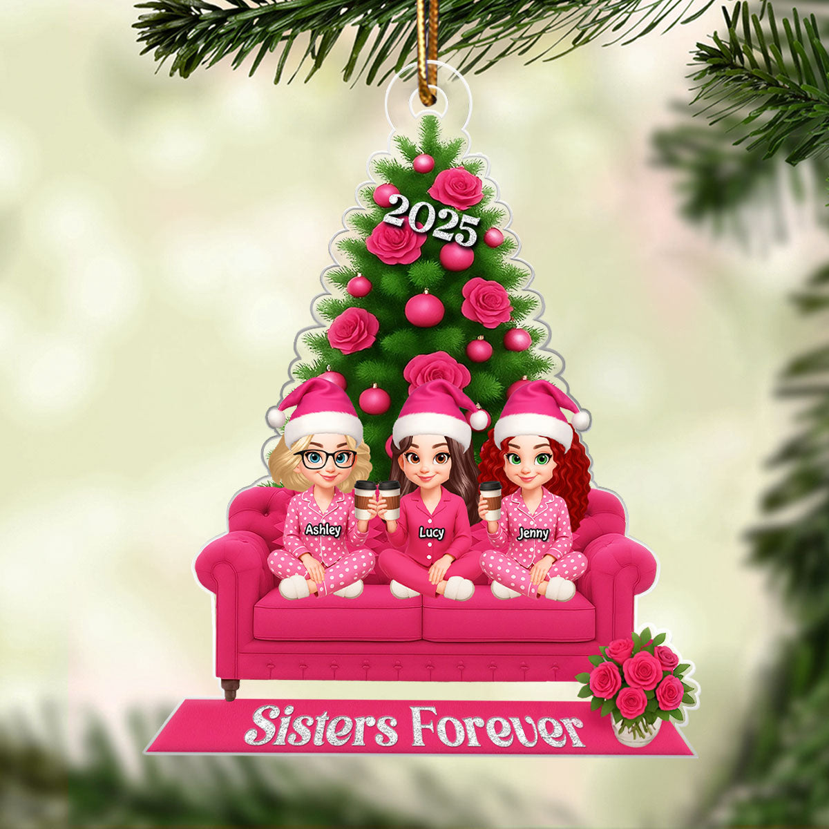 Besties Pink Christmas Tree Decor Personalized Acrylic Ornament, Gift for Best Friends, Sisters