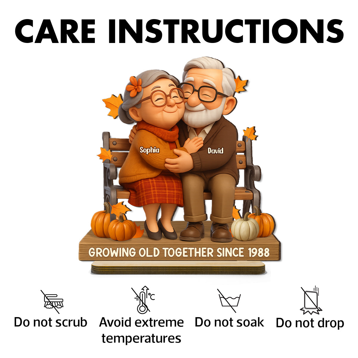 Old Couple Sitting Hugging Personalized Standing Wooden Plaque, Fall Decor for Couples