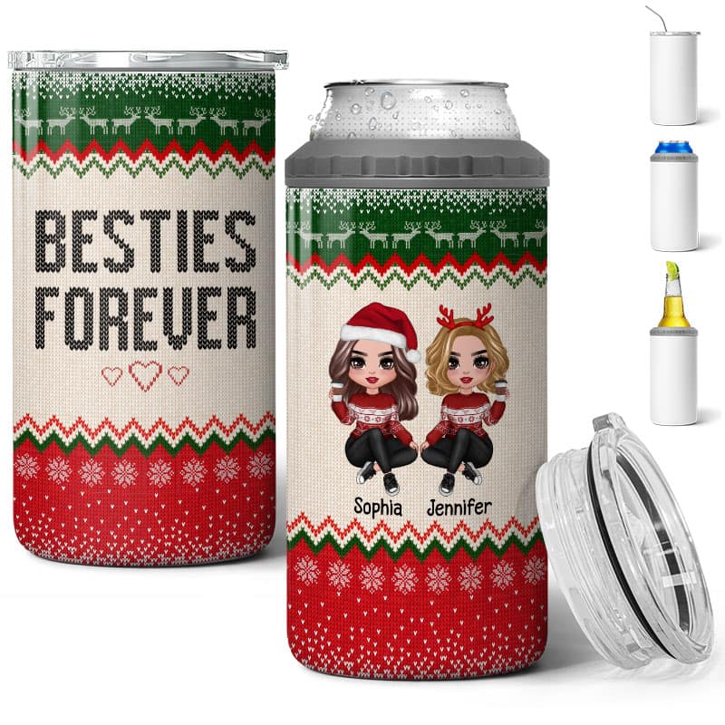 Besties Sisters Christmas Ugly Sweater Pattern Personalized 4 In 1 Can Cooler