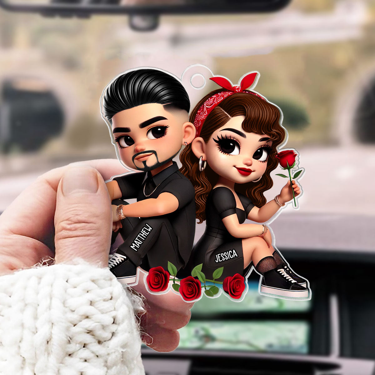 Pretty Couple Roses Heart Personalized Acrylic Car Hanger, Anniversary Gift,  Gift for Couples