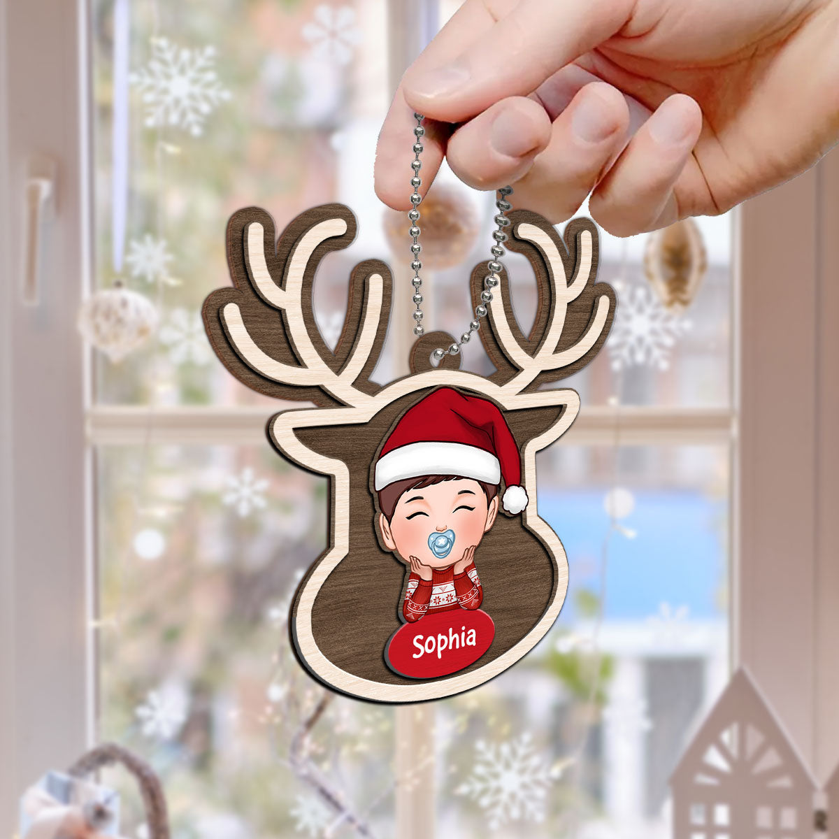 Reindeer Baby Christmas Personalized 2-Layer Wooden Ornament
