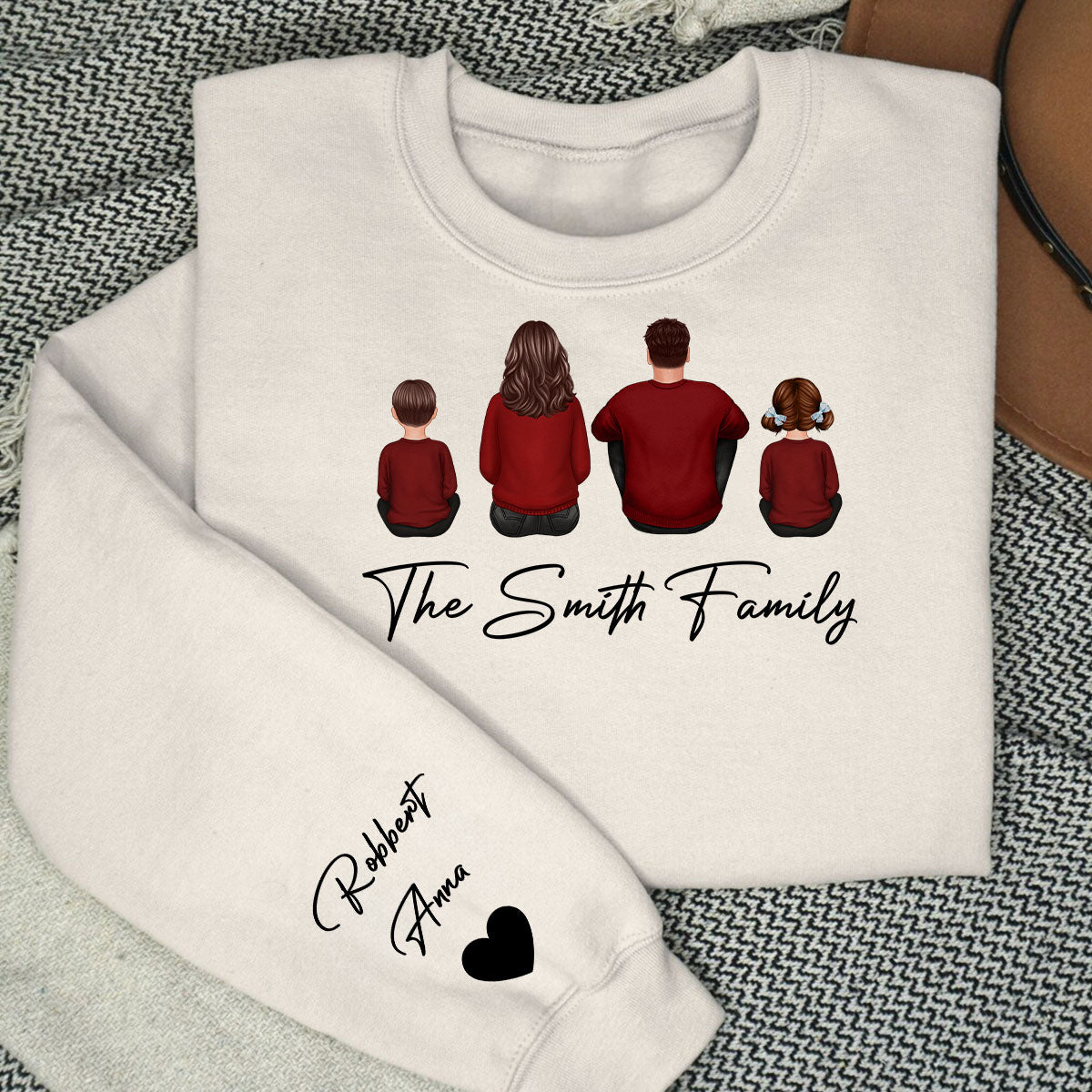 Family Sitting Back View Christmas Personalized Sleeve Printed Sweatshirt
