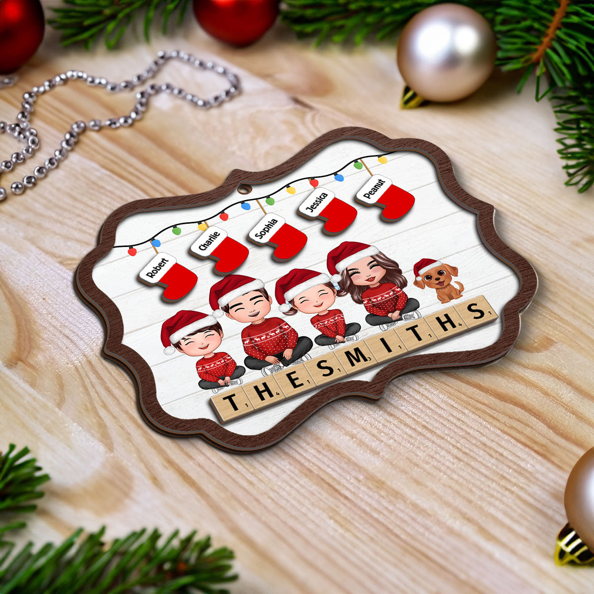 Family Sitting Christmas Stocking Wooden Blocks Personalized 2-Layer Wooden Ornament