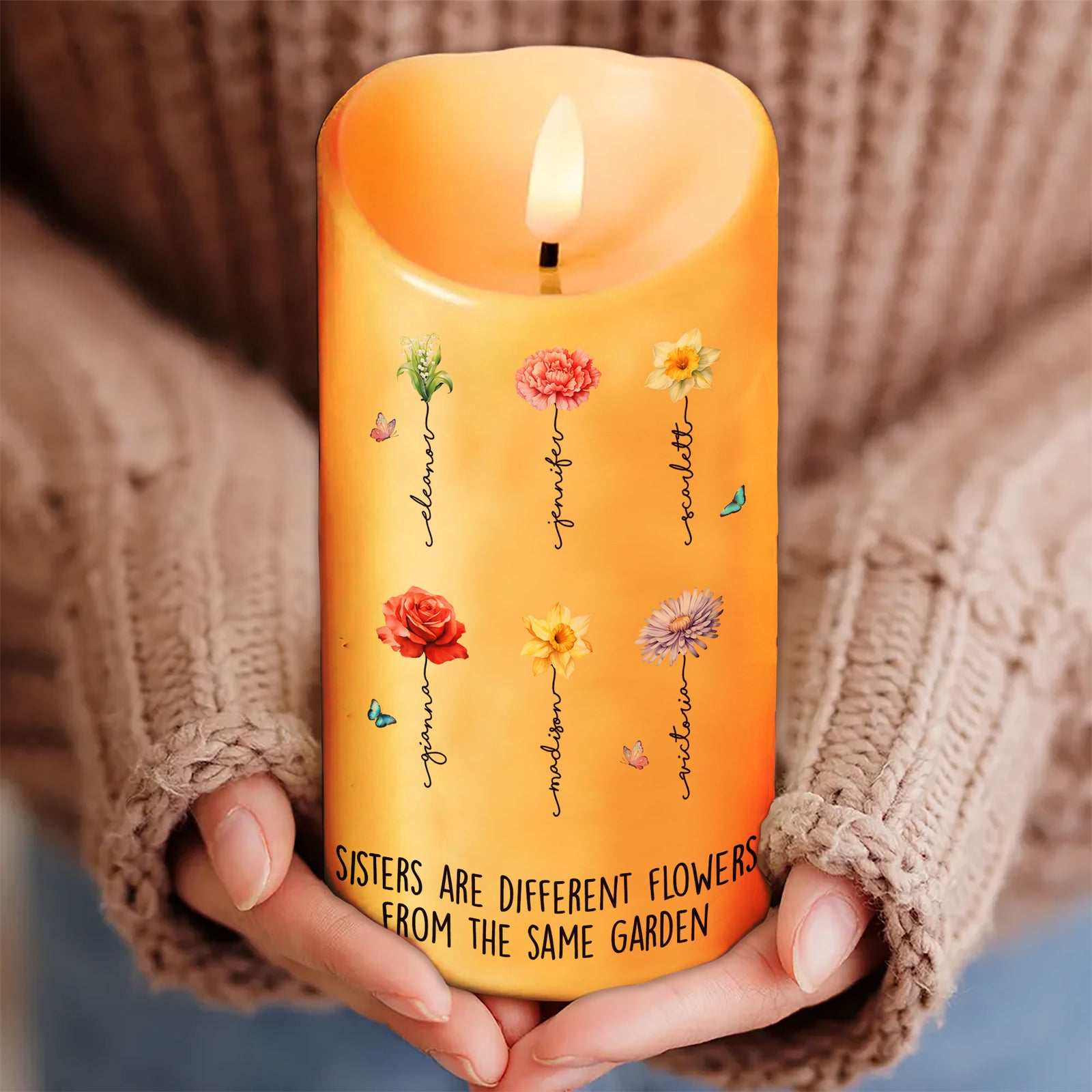 Sisters Are Different Flowers From The Same Garden Personalized LED Candle, Christmas Gift For Sisters