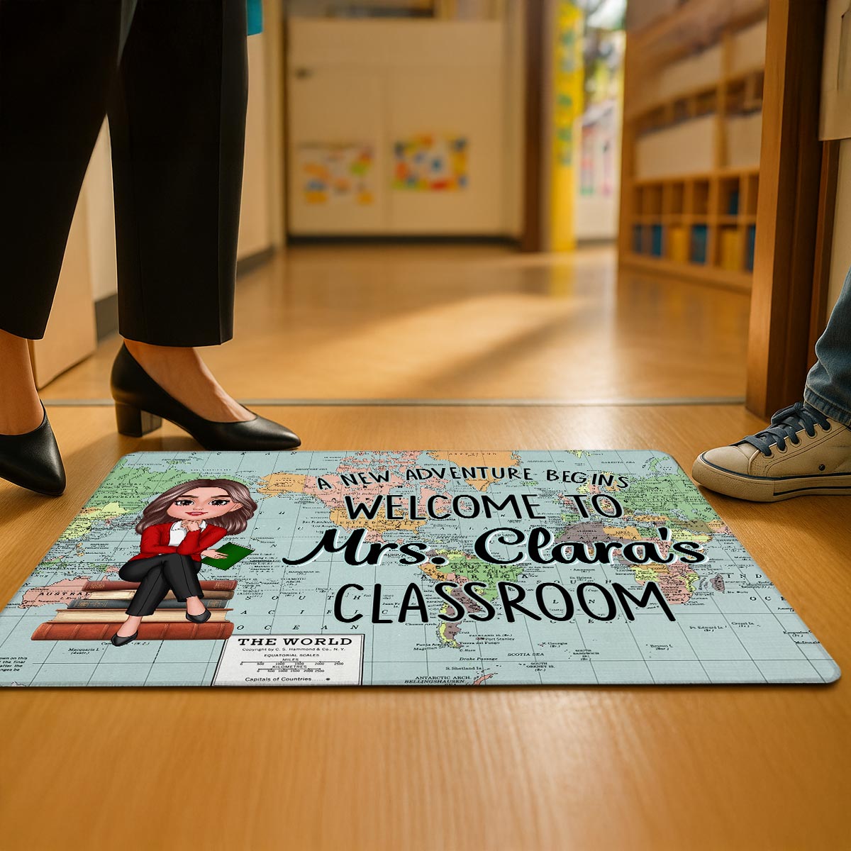 World Map Adventure Themed Teacher Welcome To Classroom Personalized Doormat, Back To School, Classroom Decor