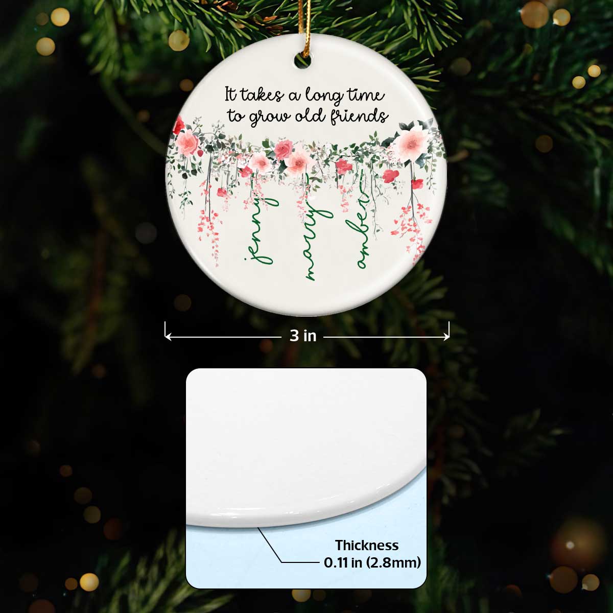 Grow Old Friends Vine Flowers Personalized Circle Ceramic Ornament, Gift for Besties, Best Friends