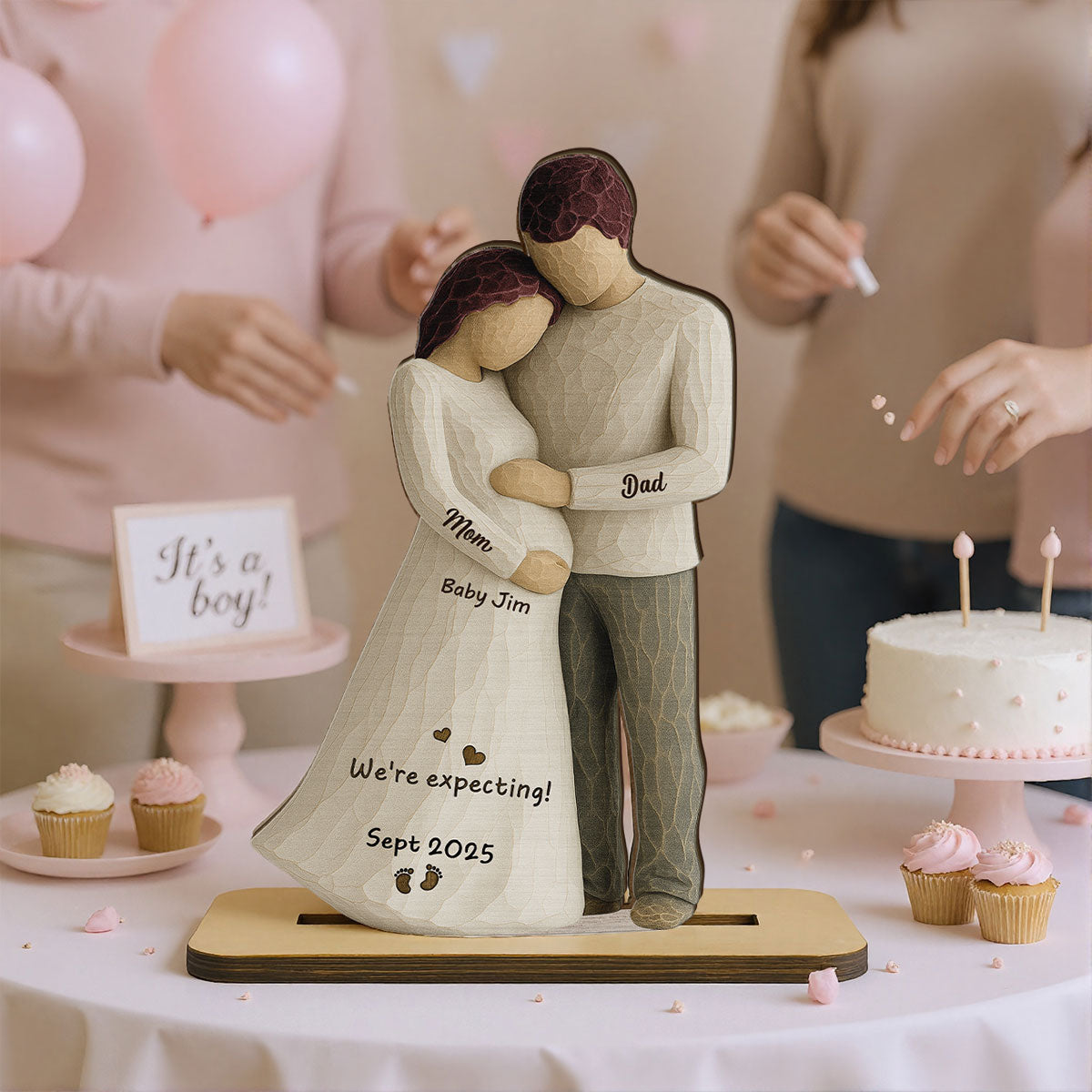 Waiting For You With All Our Hearts Couple Expecting Baby 3D Effect Personalized Standing Wooden Plaque, Baby Shower Gift For Parents-to-be
