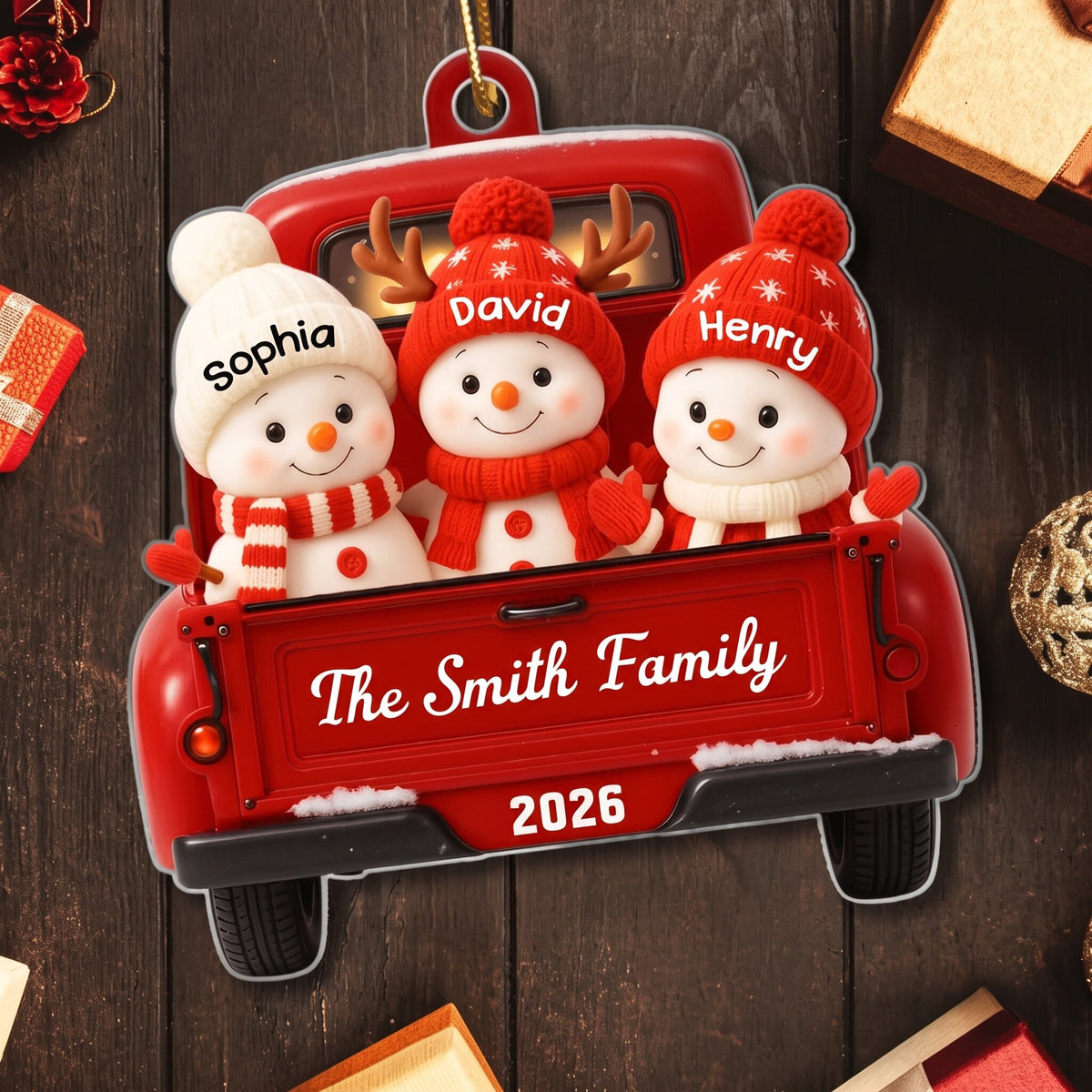 Family Snowman on Christmas Truck Personalized Acrylic Ornament, Red Truck Christmas Gift for Family