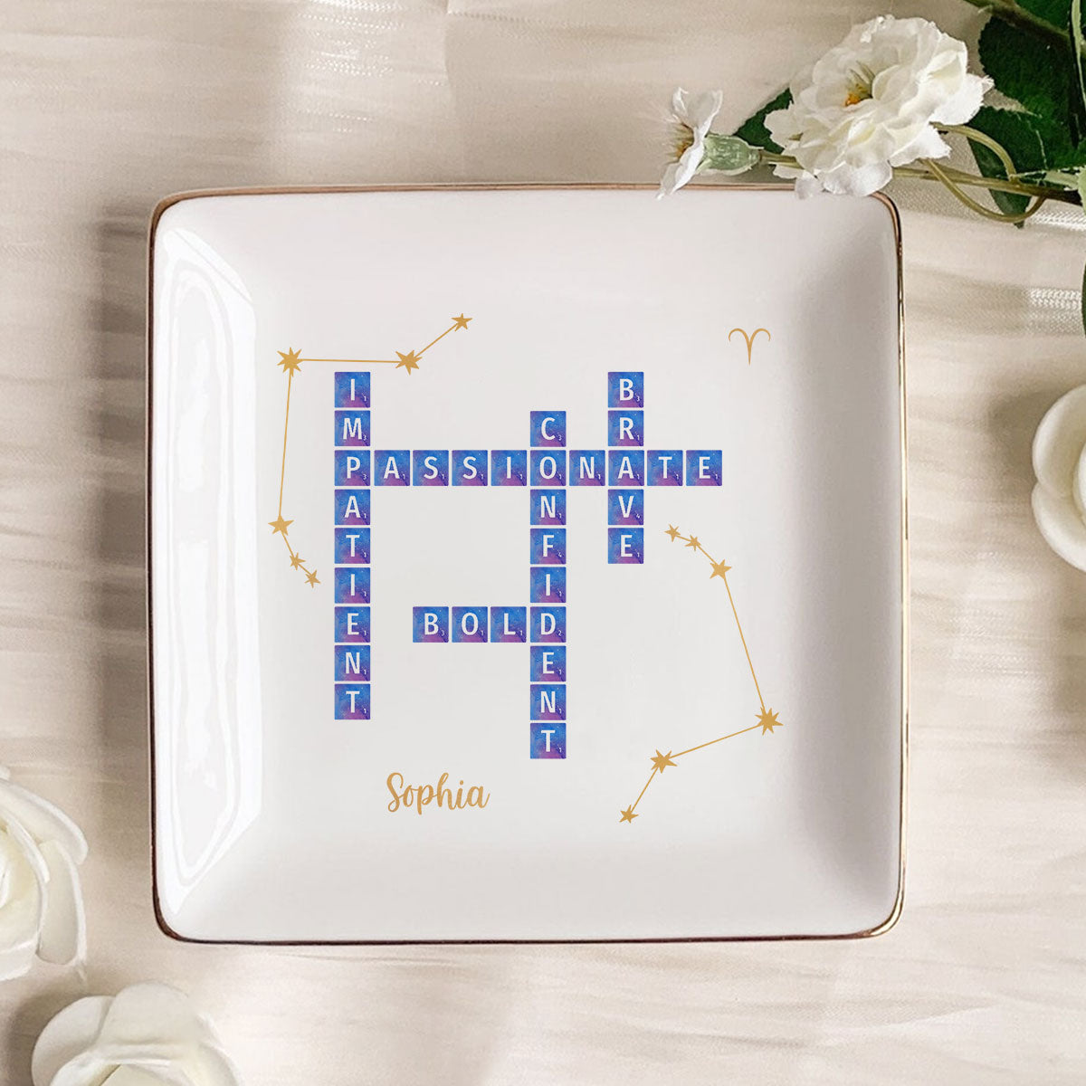 Zodiac Sign Crossword Astrological Personalized Jewelry Dish, Gifts For Friends, Daughter Birthday Gifts
