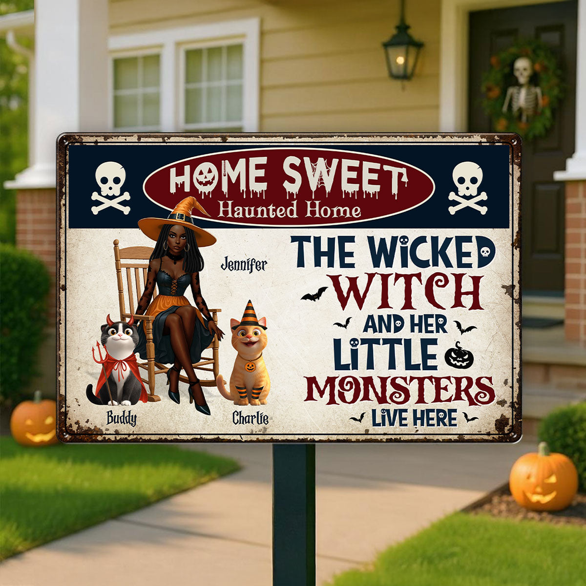 Warning A Wicked Witch and Her Little Monsters Live Here Personalized Metal Sign, Halloween Decor for Cat Lovers