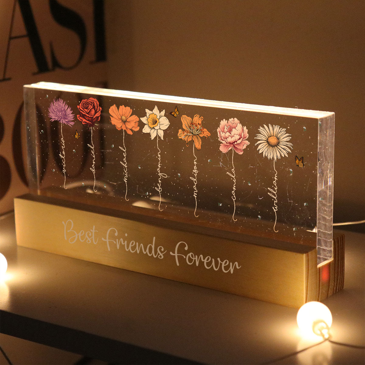 Besties Sisters Birth Month Flowers Personalized Acrylic Block LED Night Light, Gift For Best Friends, Besties, BFF, Sisters
