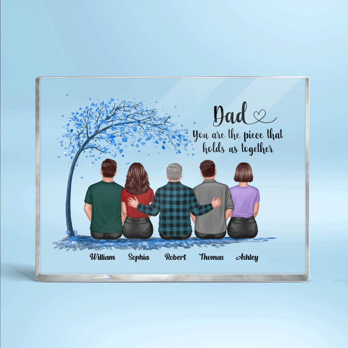 Blue Tree Back View Dad And Daughters Sons Sitting Personalized Horizontal Rectangle Acrylic Block