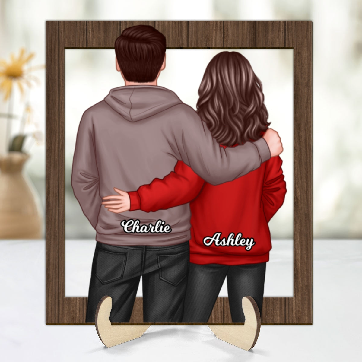 Couple Standing Back View Frame Personalized 2-layer Wooden Plaque
